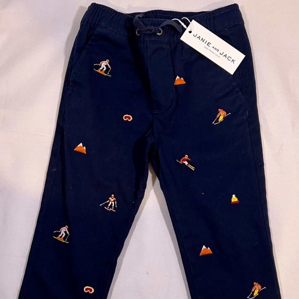 JANIE AND JACK HOLIDAY CHRISTMAS NAVY EMBROIDERED SKIERS PANTS